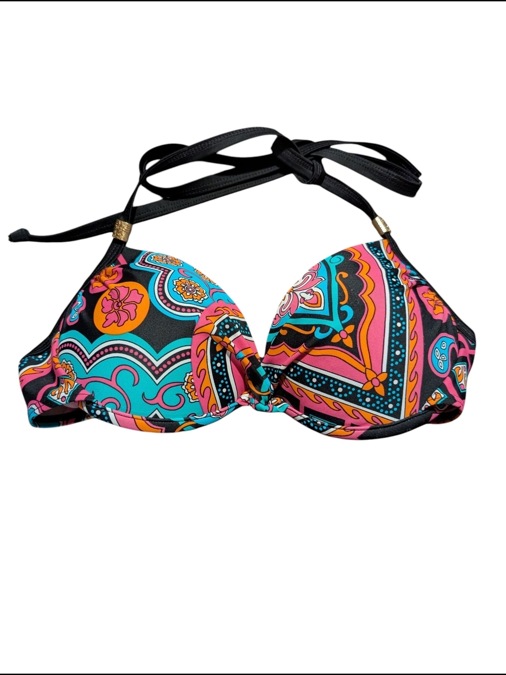 La Vie En Rose Black Halter Bikini Top with Pink, Teal & Orange Print